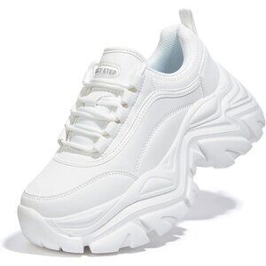 Women's White Chunky Rubber Platform Casual Lace-Up Walking Sneaker Shoes